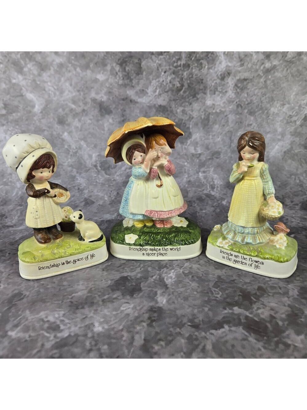Vintage 1970s Set of 3 Holly Hobbie Figurines Friendship Themed Ceramics